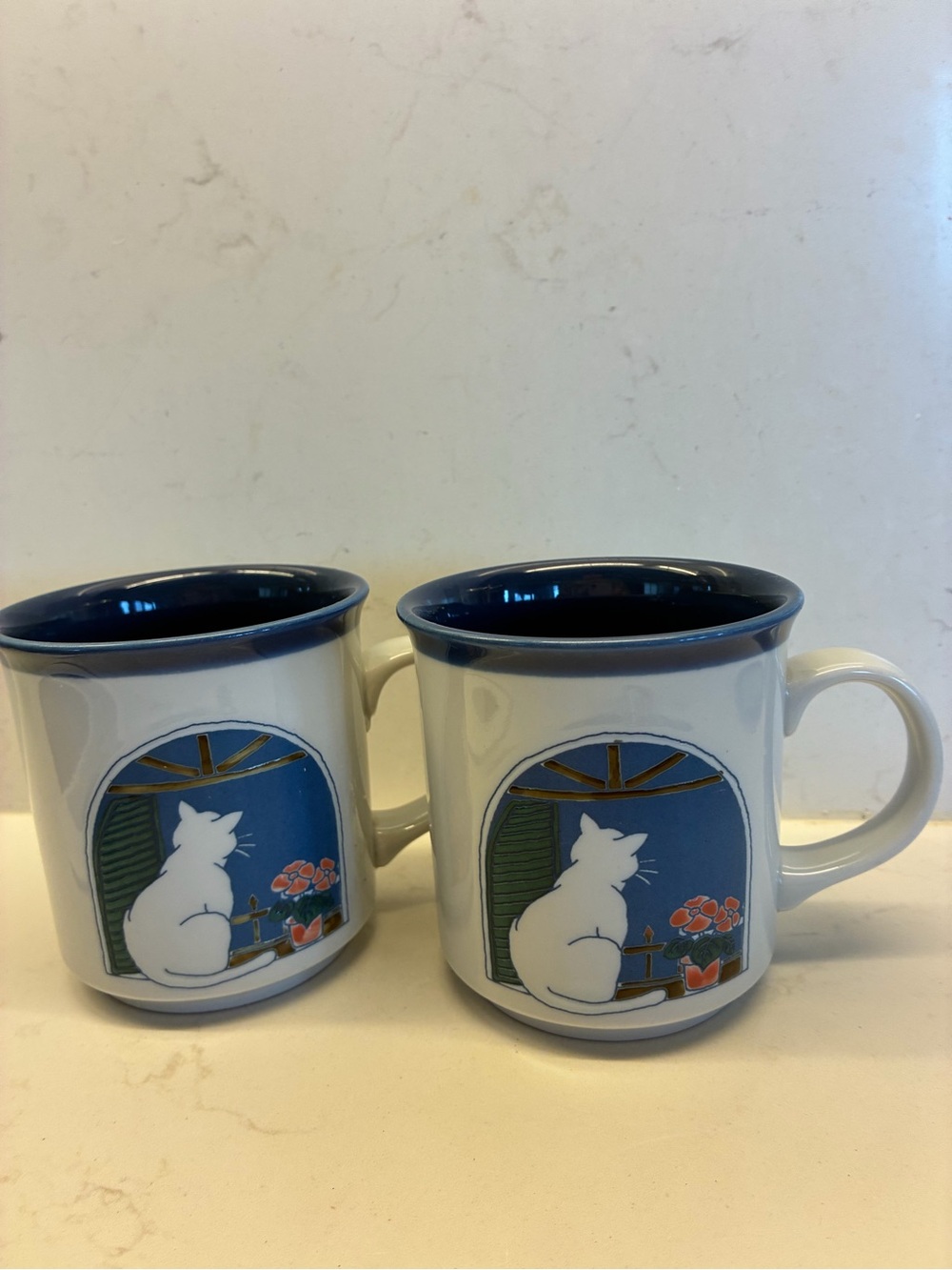 Vintage  1970s Set 2 Otagiri Made in Japan White Cat Window Ceramic Mugs